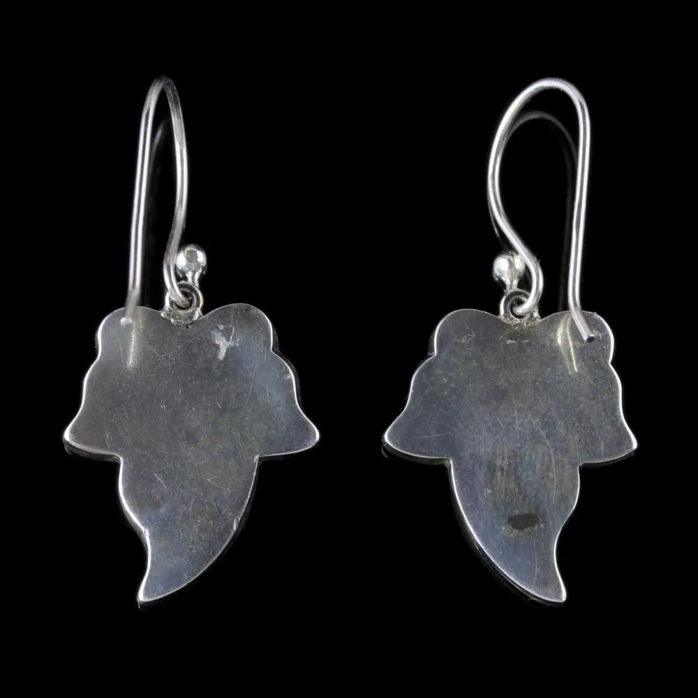 Antique Victorian Scottish Earrings Ivy Leaf Silver Circa 1880