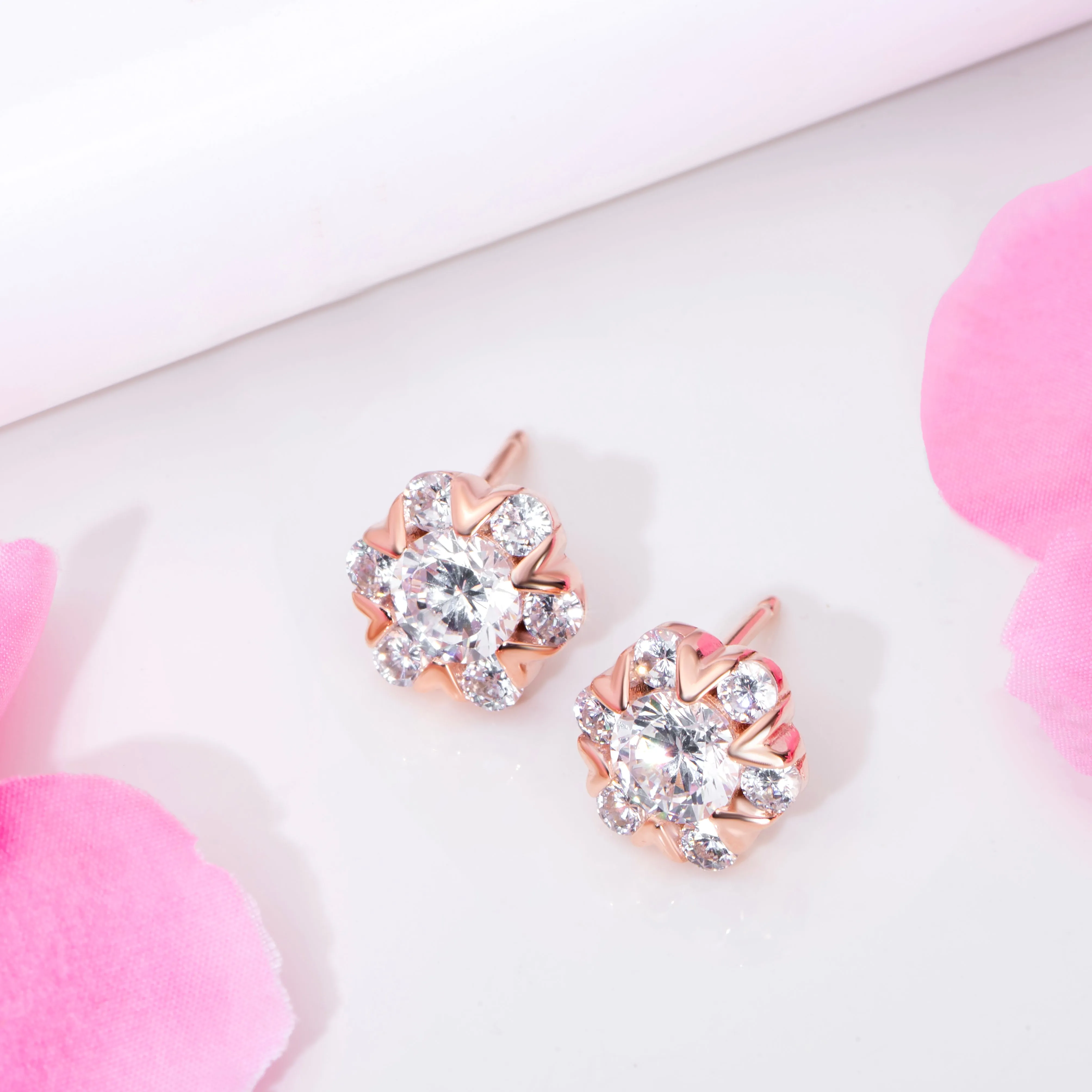 Floral Radiance CZ 925 Sterling Silver Rose Gold-Plated Flower Earring
