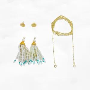 Gold Lotus Burma Jadeite Tassel Lariat Necklace and Earrings Set