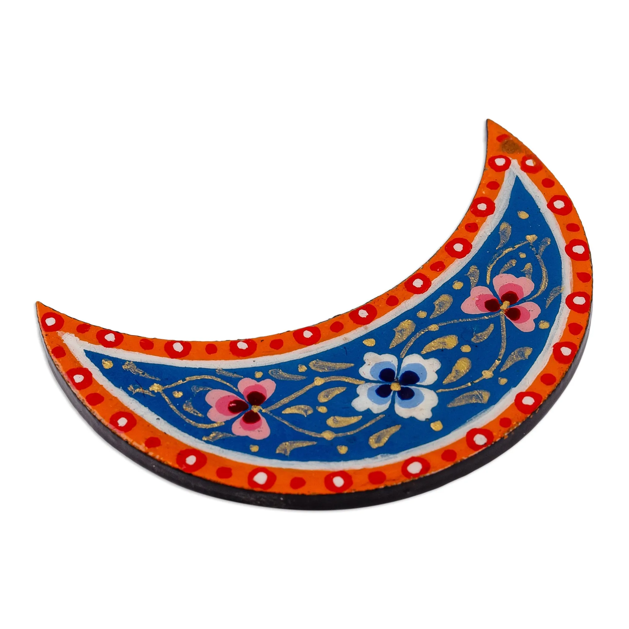 Lacquered Hand-Painted Papier Mache Crescent Moon Magnet - Spectacular Crescent | NOVICA