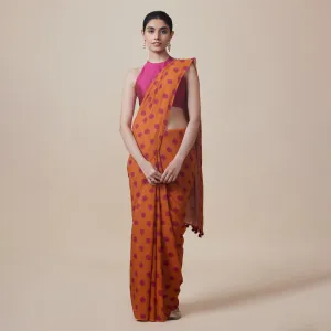 Linen Solid Saree with Blouse | Polka Dots | Orange