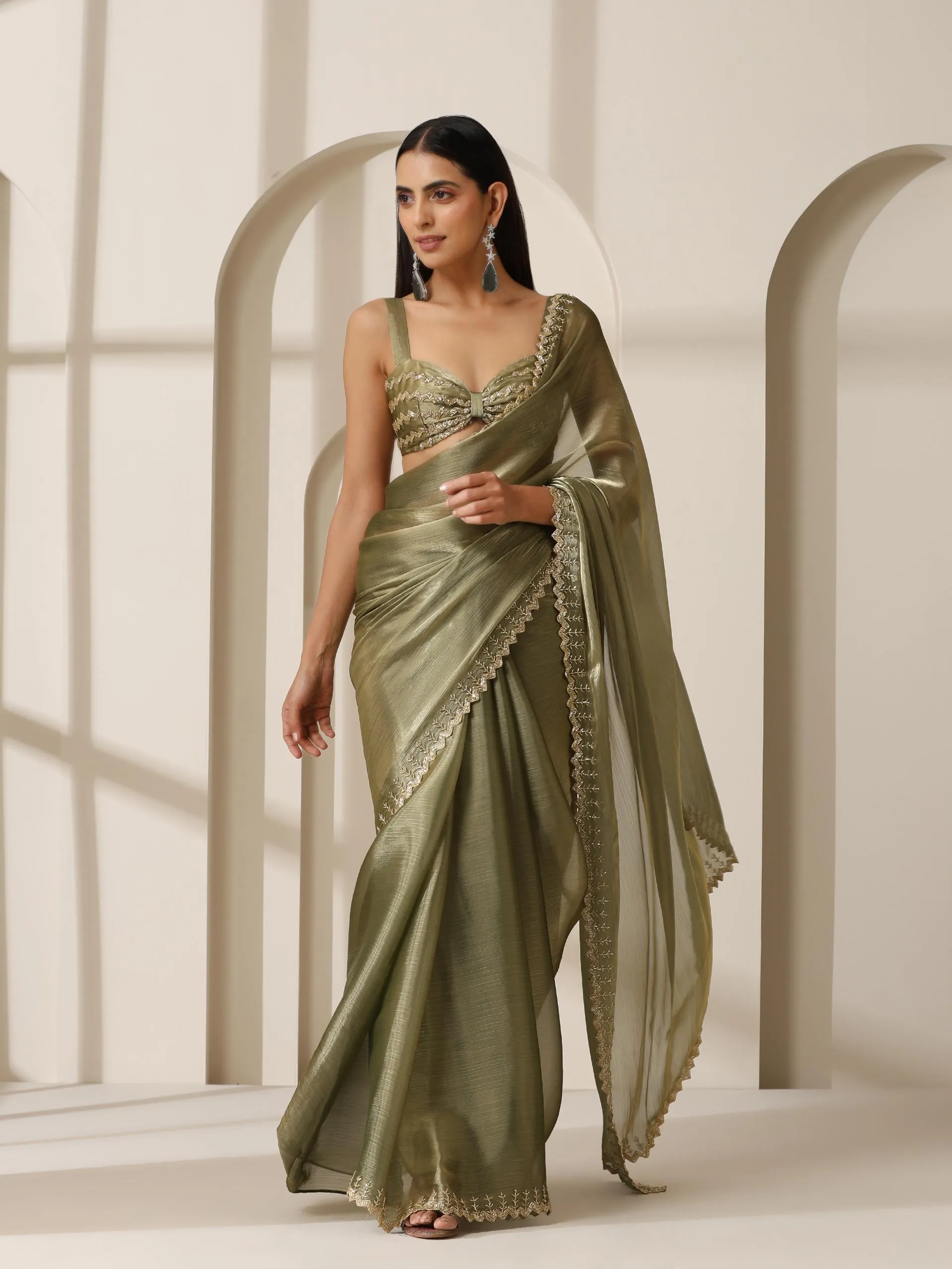 Mermaid Dream Hand Cut Dana Embroidery Green Satin Chiffon Saree with Blouse Fabric