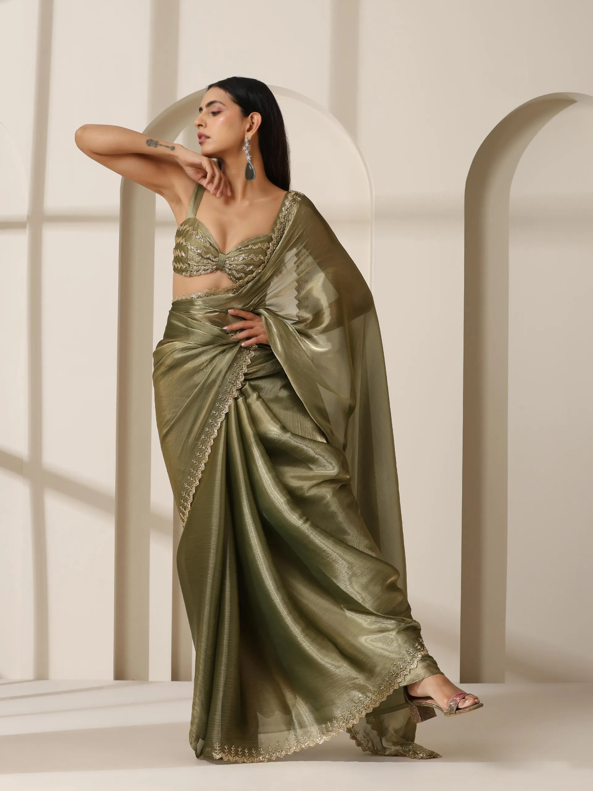 Mermaid Dream Hand Cut Dana Embroidery Green Satin Chiffon Saree with Blouse Fabric