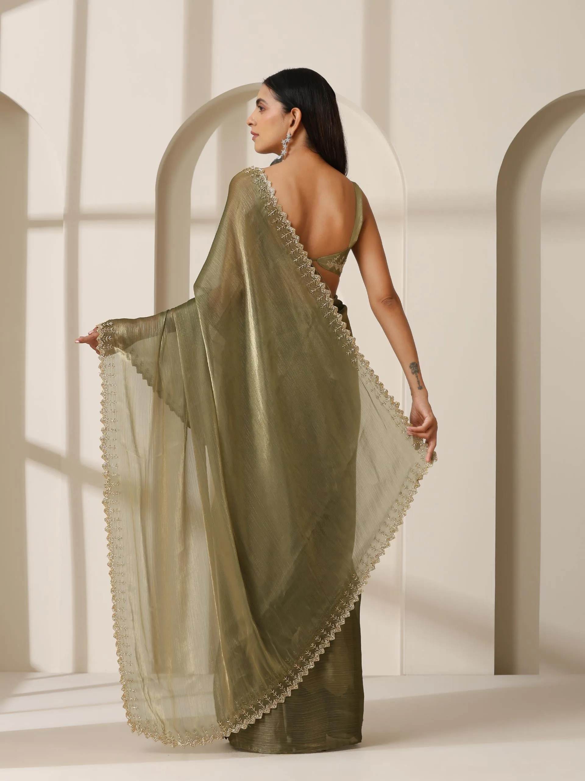 Mermaid Dream Hand Cut Dana Embroidery Green Satin Chiffon Saree with Blouse Fabric