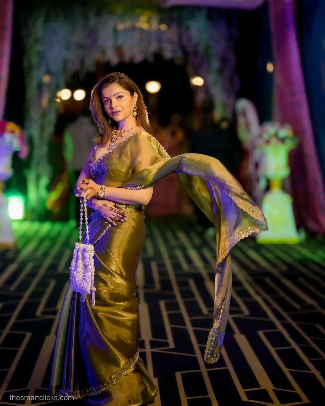Mermaid Dream Hand Cut Dana Embroidery Green Satin Chiffon Saree with Blouse Fabric
