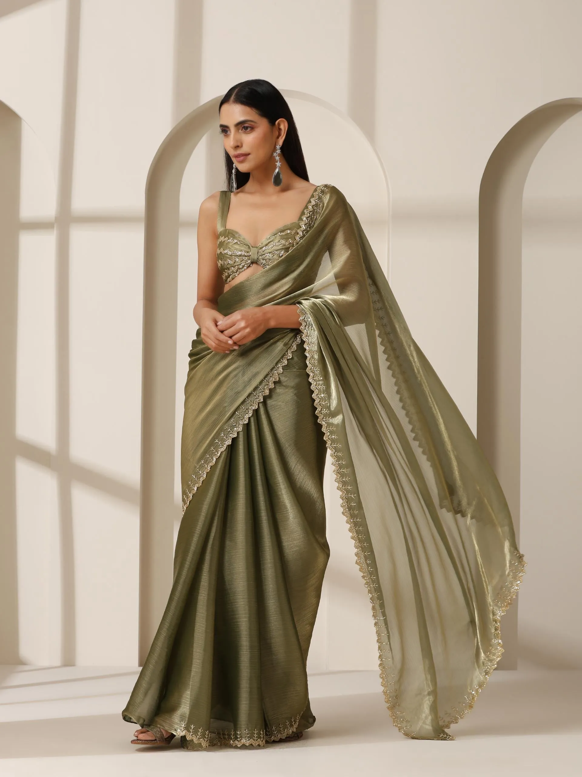 Mermaid Dream Hand Cut Dana Embroidery Green Satin Chiffon Saree with Blouse Fabric