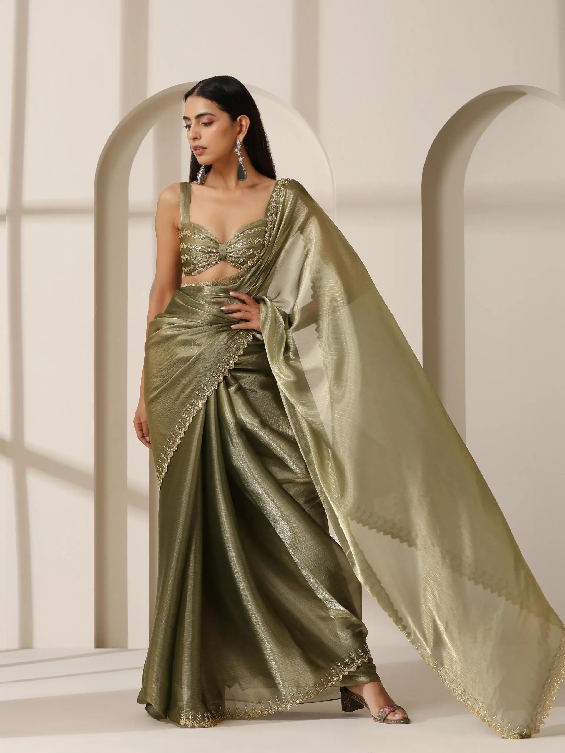 Mermaid Dream Hand Cut Dana Embroidery Green Satin Chiffon Saree with Blouse Fabric