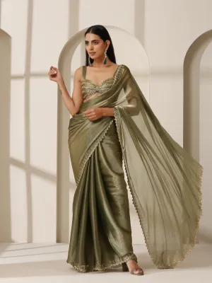 Mermaid Dream Hand Cut Dana Embroidery Green Satin Chiffon Saree with Blouse Fabric