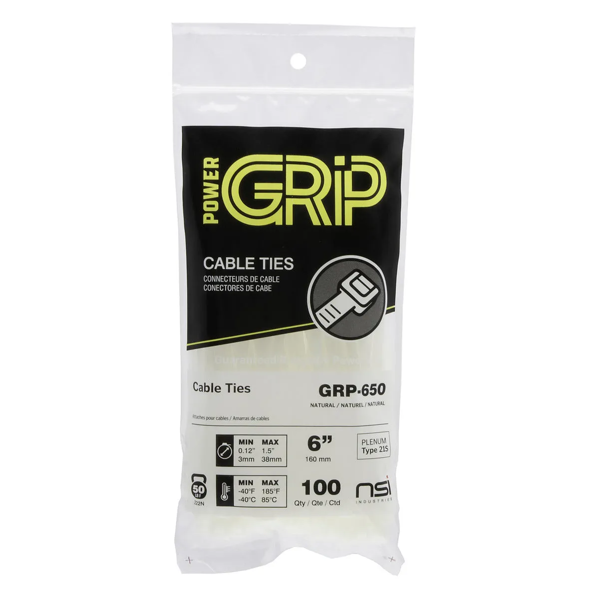 NSI PowerGRP 6”, Natural General Purpose 50lb Cable Ties, 100 Pack (6", Natural)