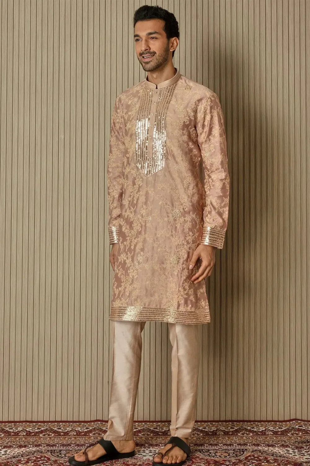 Peachy Radiance: Abstract Floral Sequin Kurta