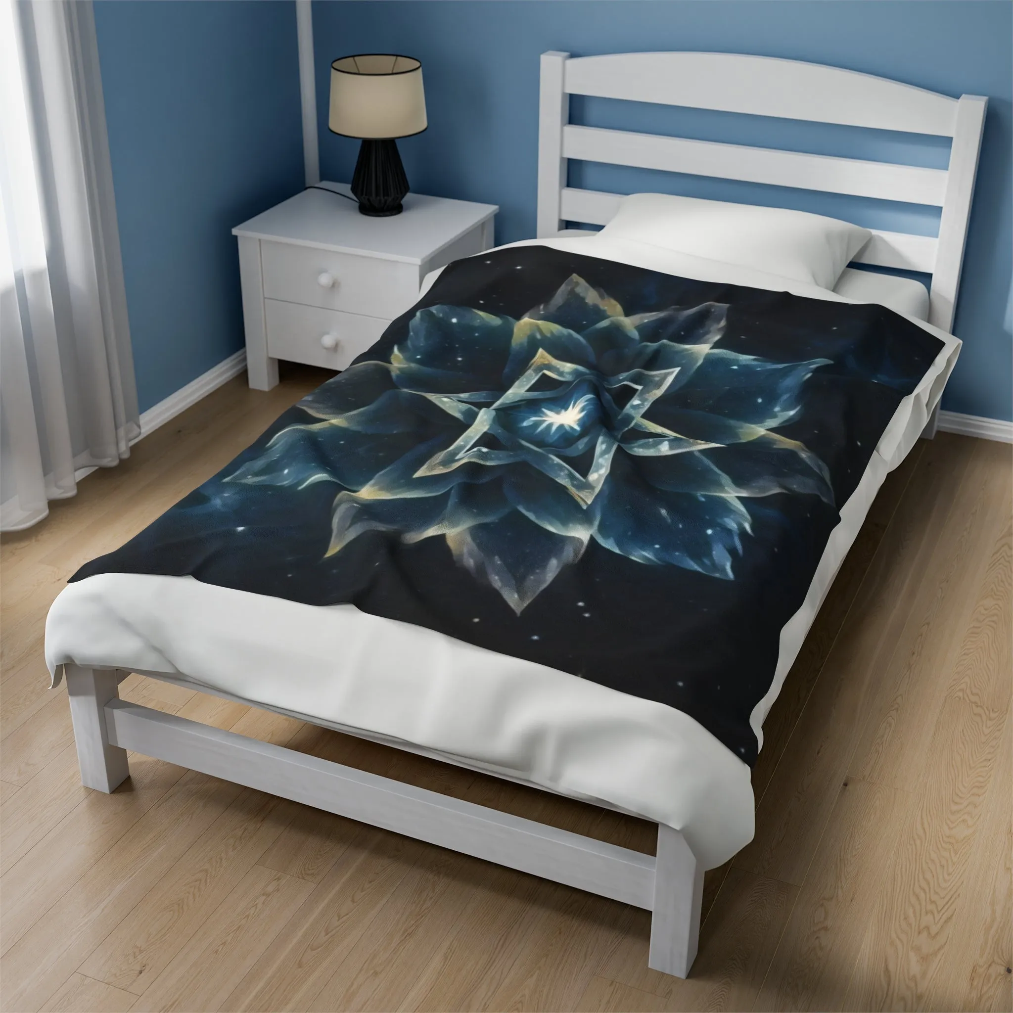 Plush Blanket - "Celestial Bloom" Cosmic Bloom Blue Lotus Galaxy Star of David Art Print