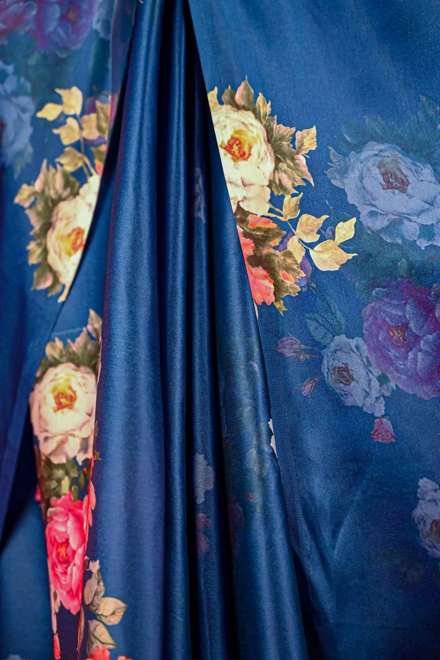 Ready To Wear Floss Japan Satin Navy Blue Floral Printed   Wrap in 1 minute saree