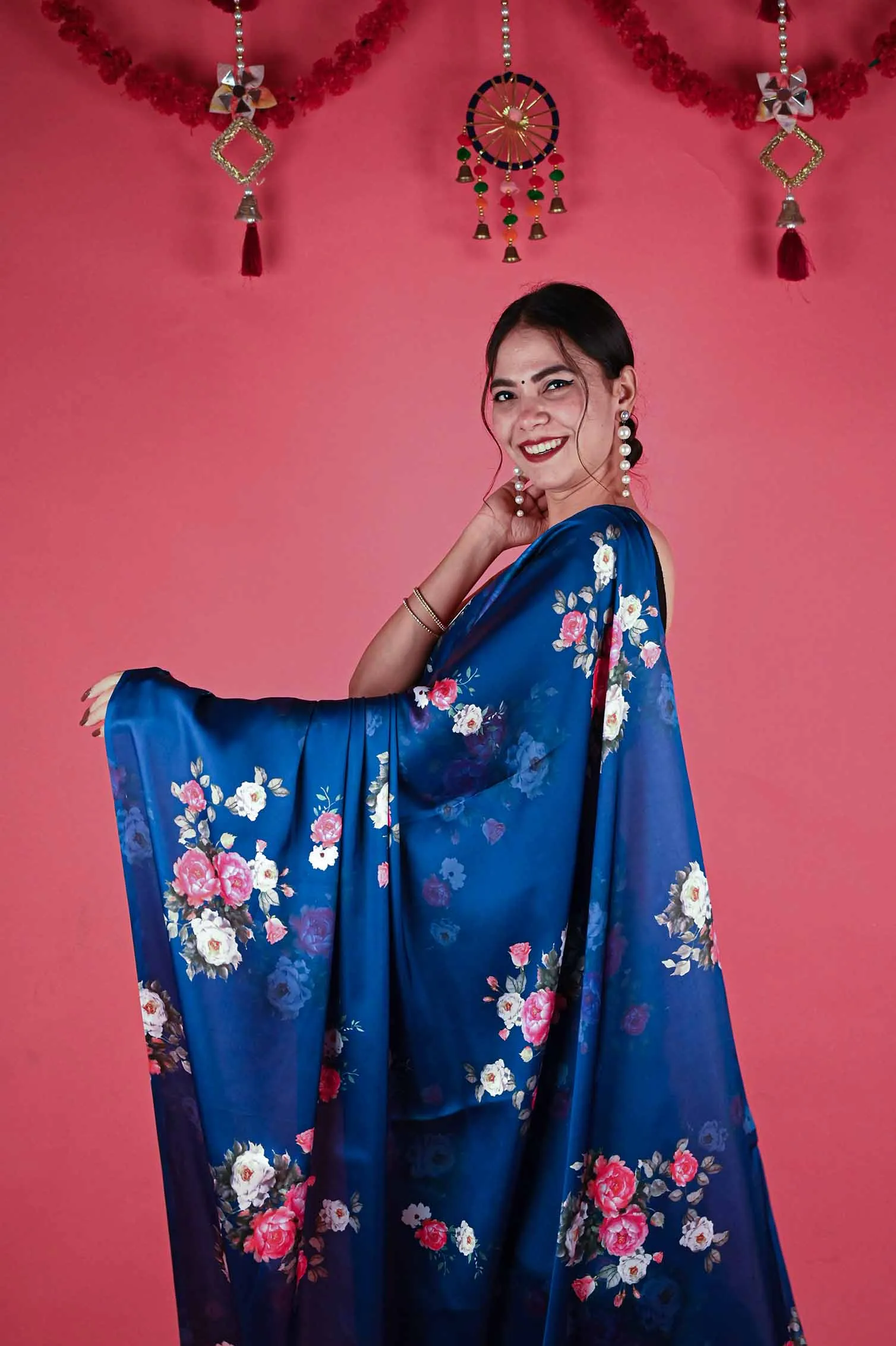 Ready To Wear Floss Japan Satin Navy Blue Floral Printed   Wrap in 1 minute saree