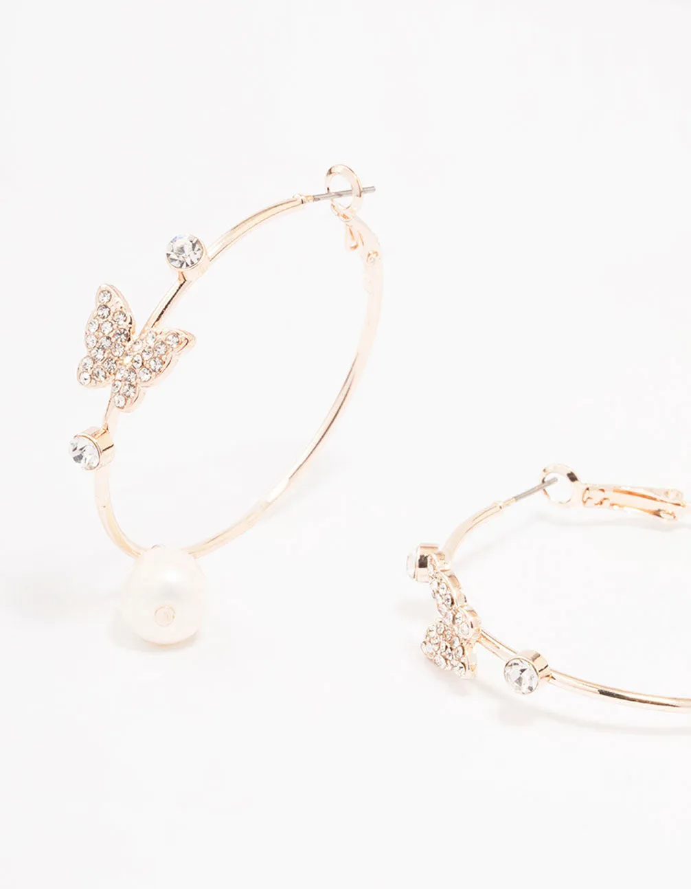 Rose Gold Butterfly & Pearl Medium Hoop Earrings