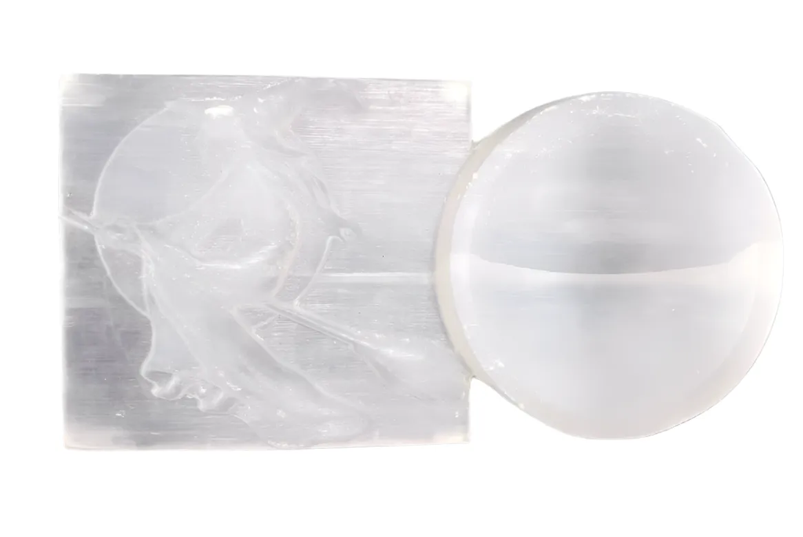 Selenite Crystal Witch Riding a Broom Slab and Bowl