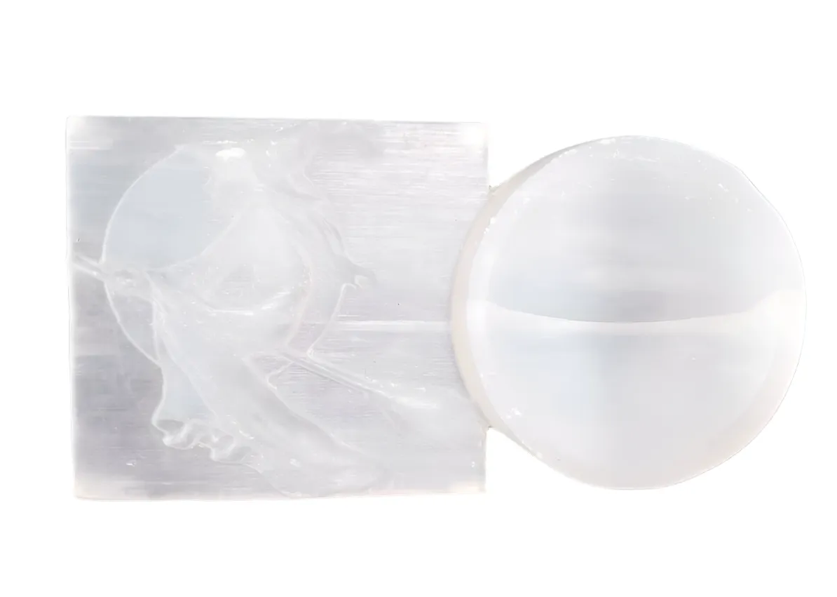 Selenite Crystal Witch Riding a Broom Slab and Bowl