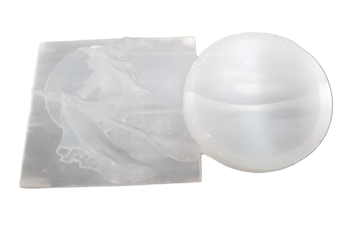 Selenite Crystal Witch Riding a Broom Slab and Bowl