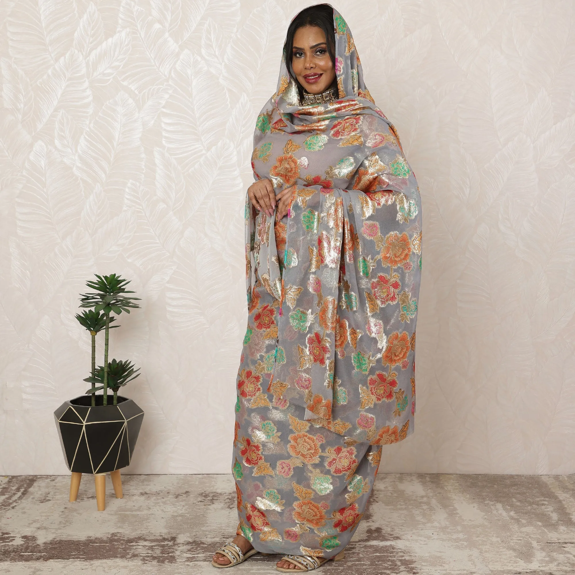 Silver and Gold Traditional Sudanese Silk Chiffon Fabric with Metallic Lurex, 4.5 Meters, 110 cm Width-D20391