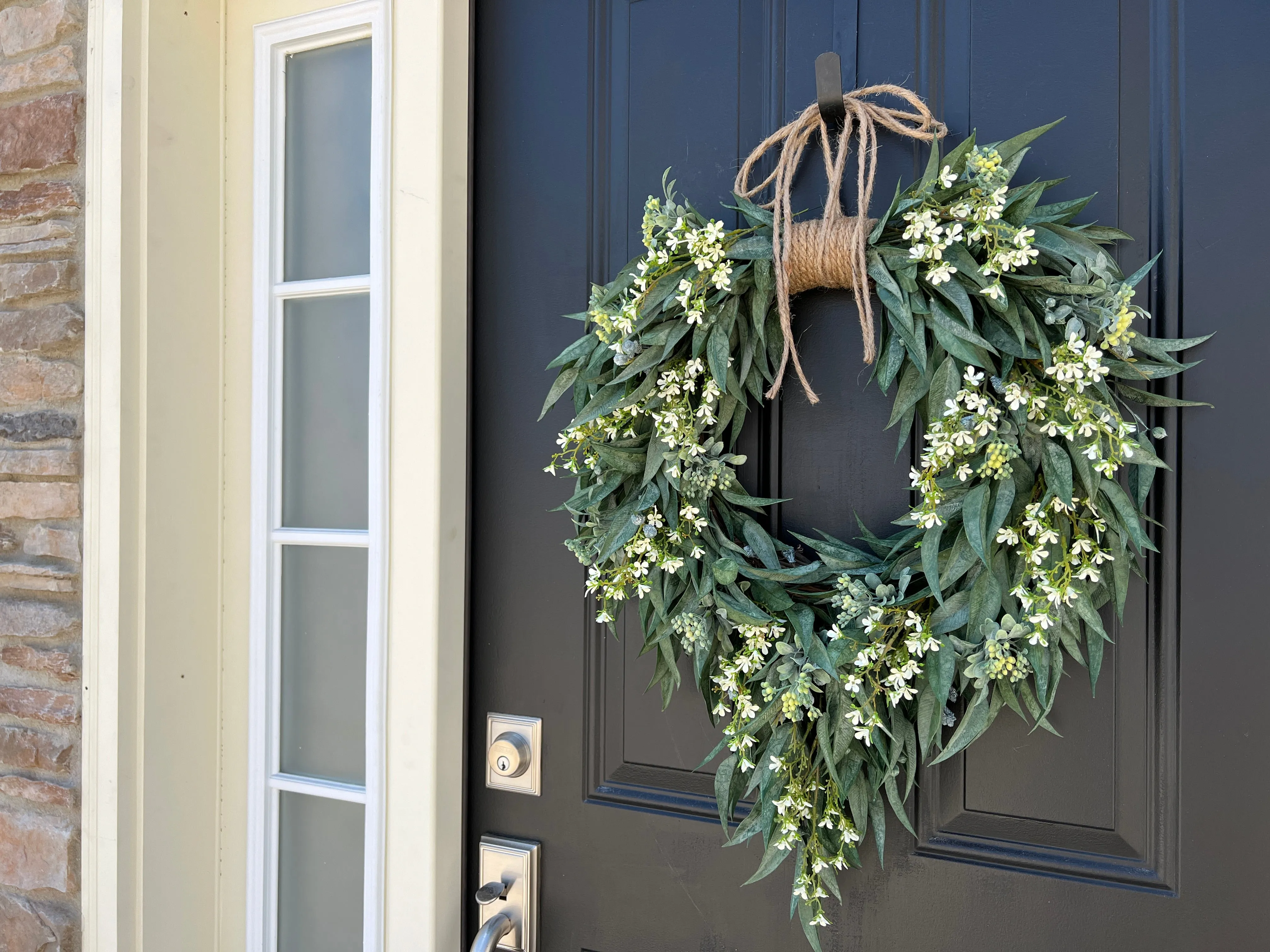 Spring Farmhouse Wreath with Bayleaf and White Flowers