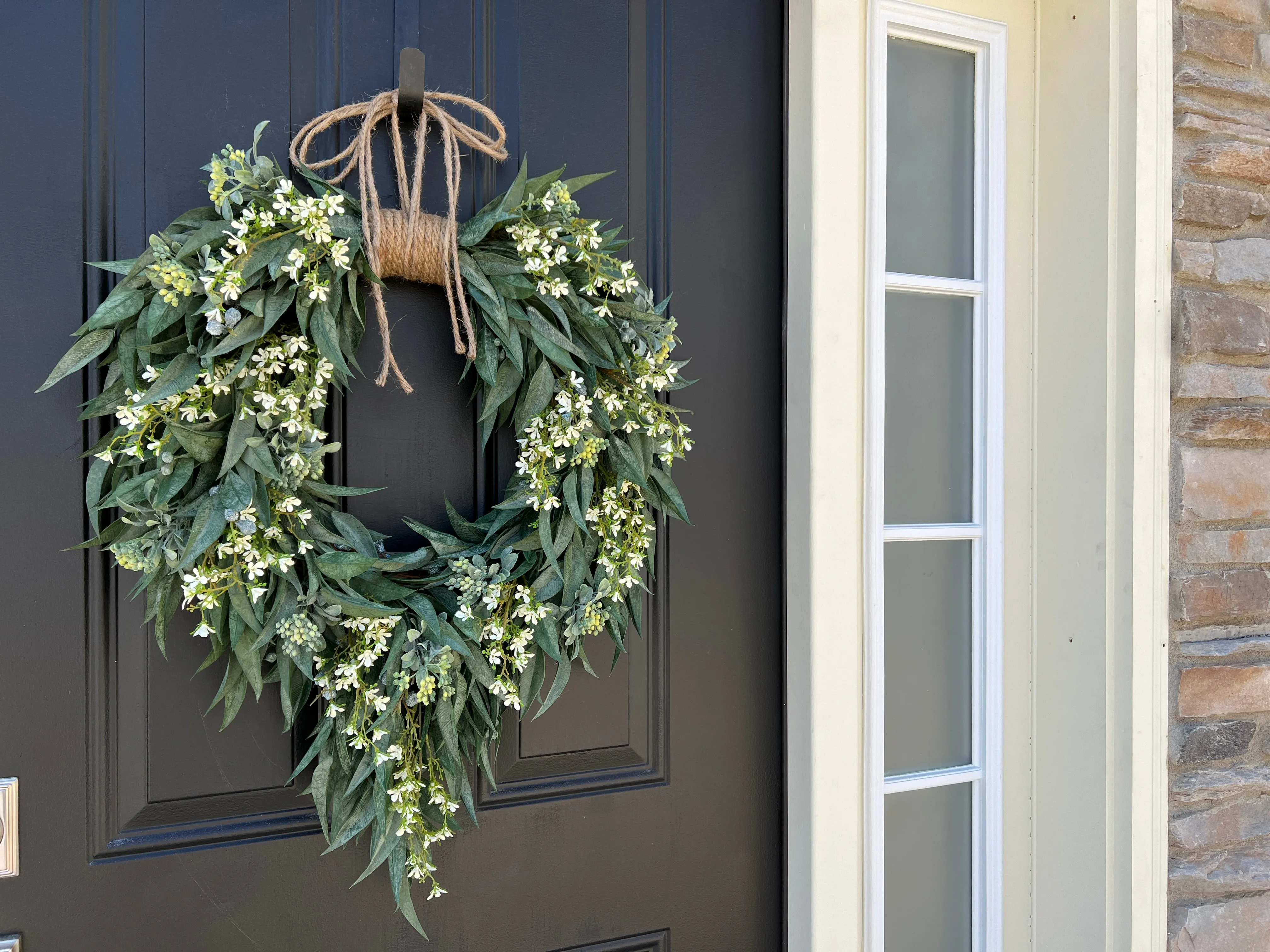 Spring Farmhouse Wreath with Bayleaf and White Flowers
