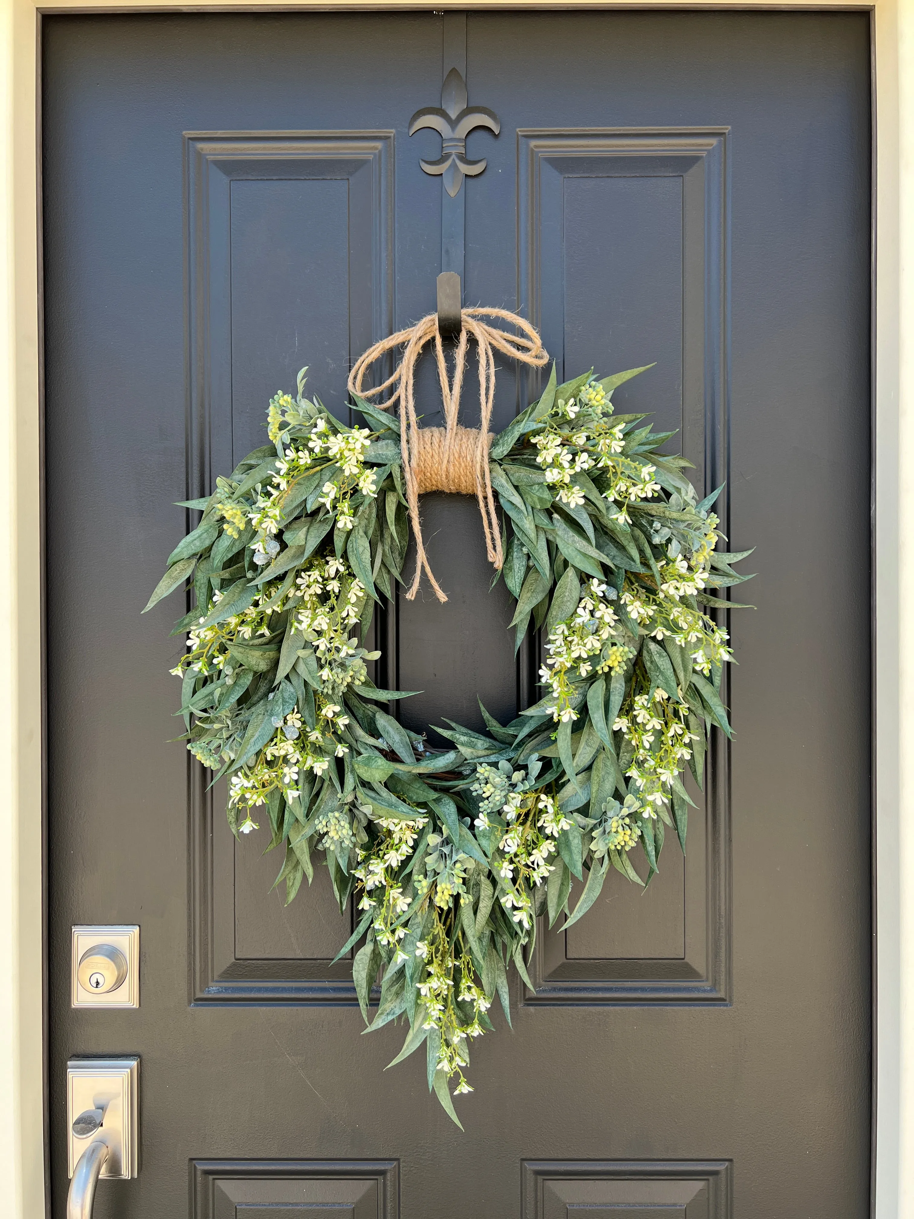Spring Farmhouse Wreath with Bayleaf and White Flowers