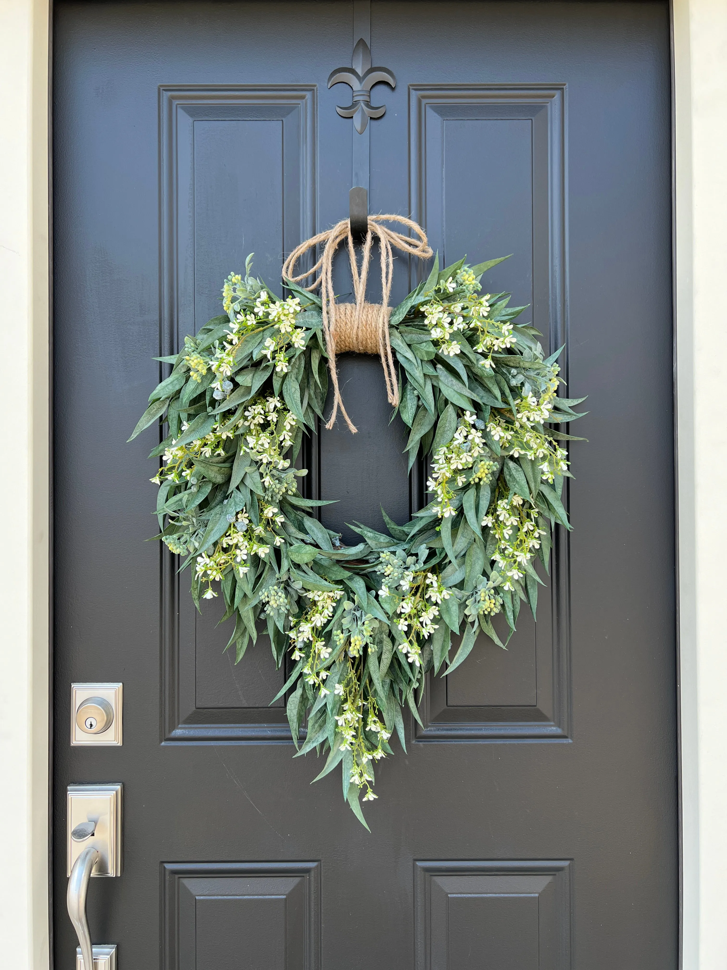 Spring Farmhouse Wreath with Bayleaf and White Flowers