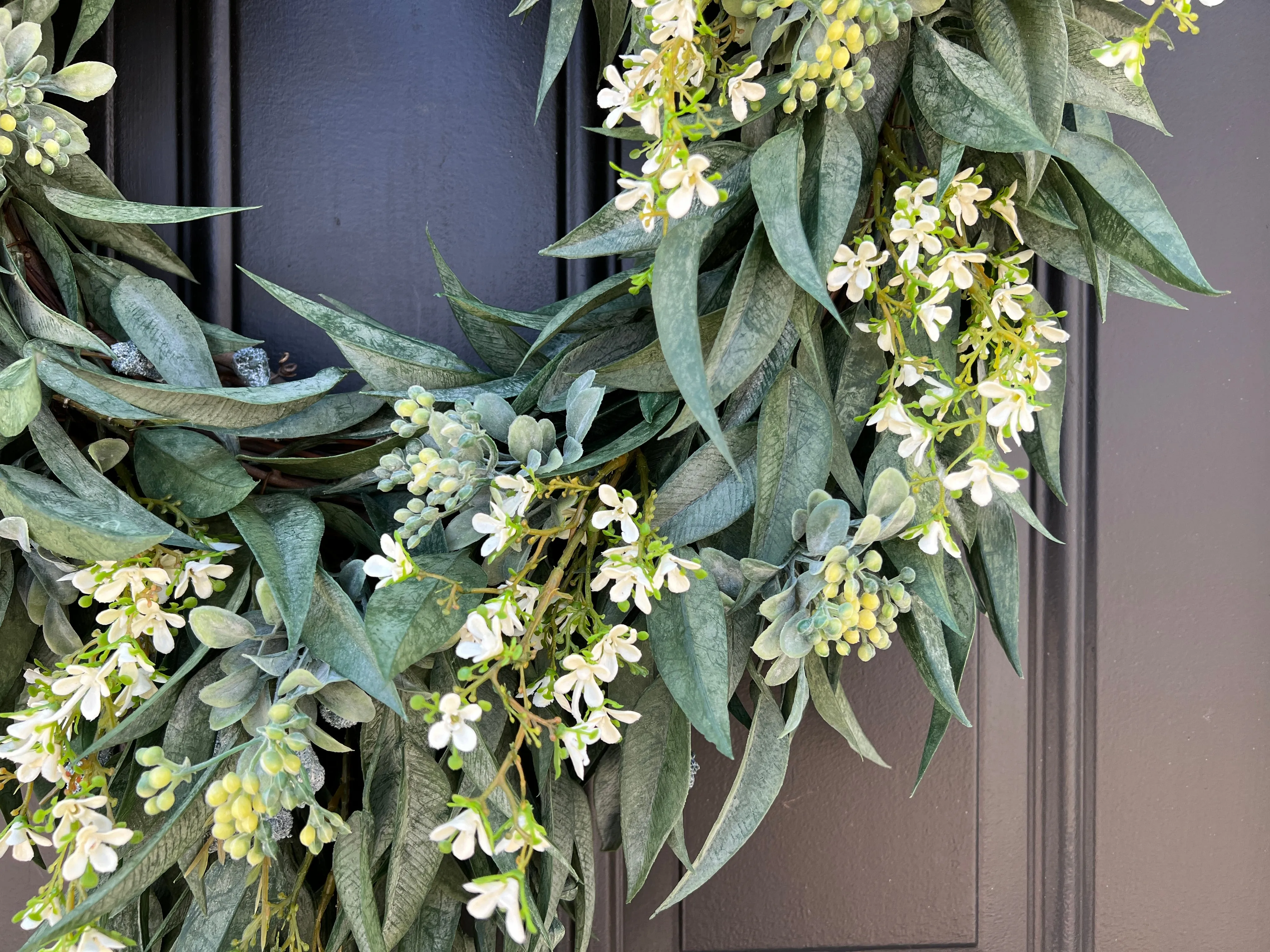 Spring Farmhouse Wreath with Bayleaf and White Flowers