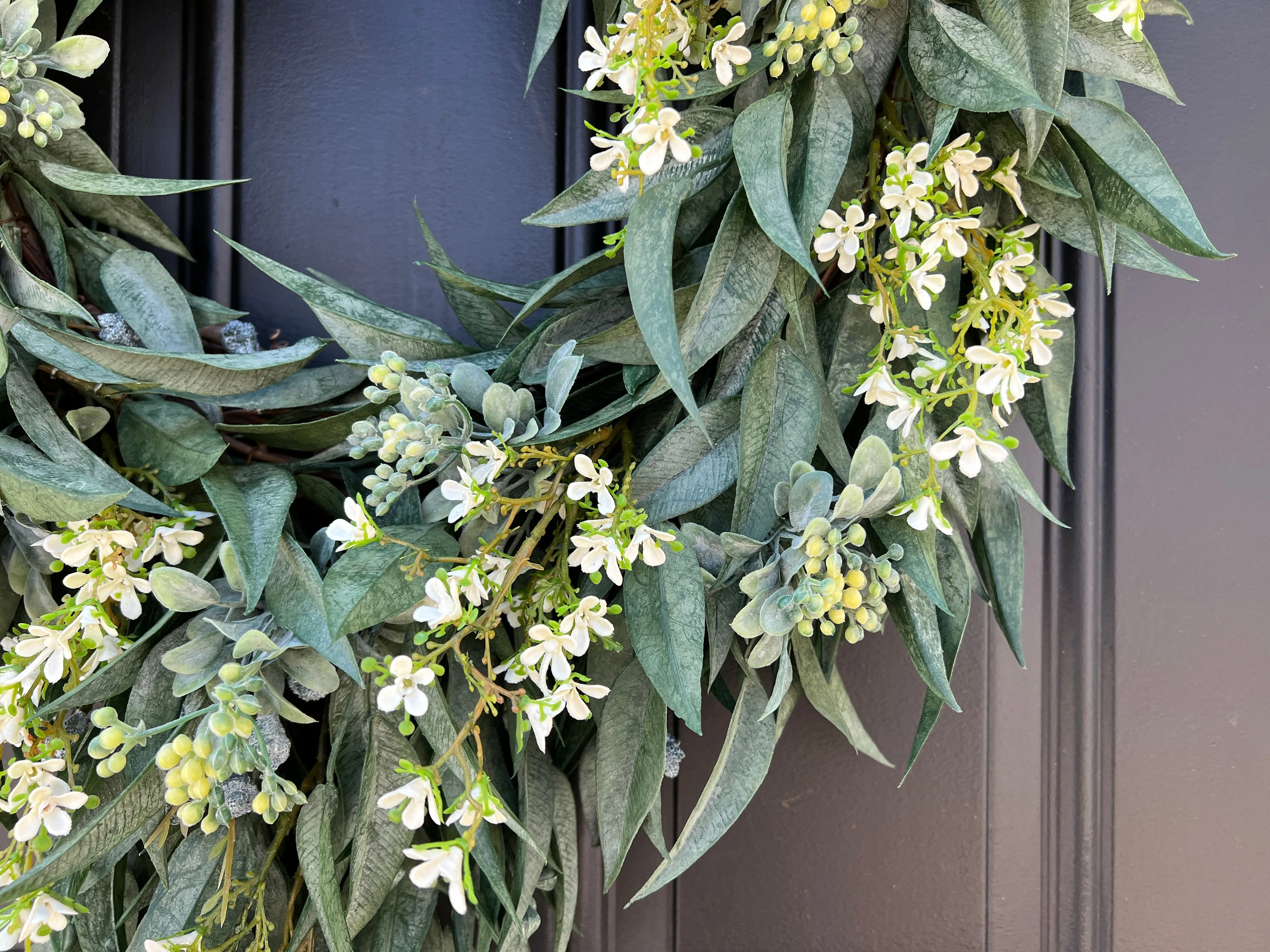 Spring Farmhouse Wreath with Bayleaf and White Flowers