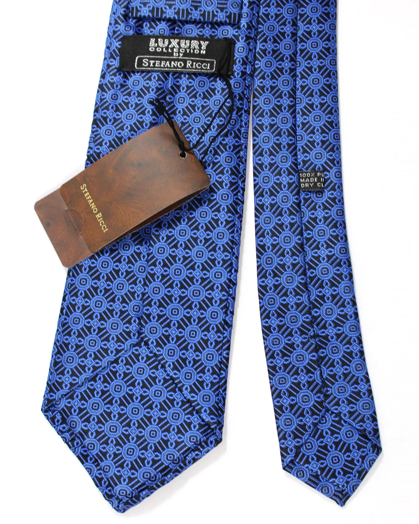 Stefano Ricci Tie Black Royal Blue Geometric - Pleated Silk