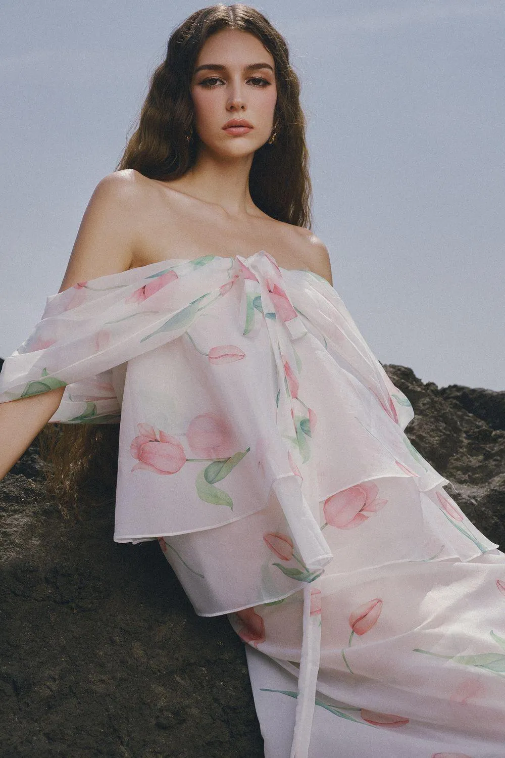 The Deer Layered Off-Shoulder Chiffon Ankle Length Dress