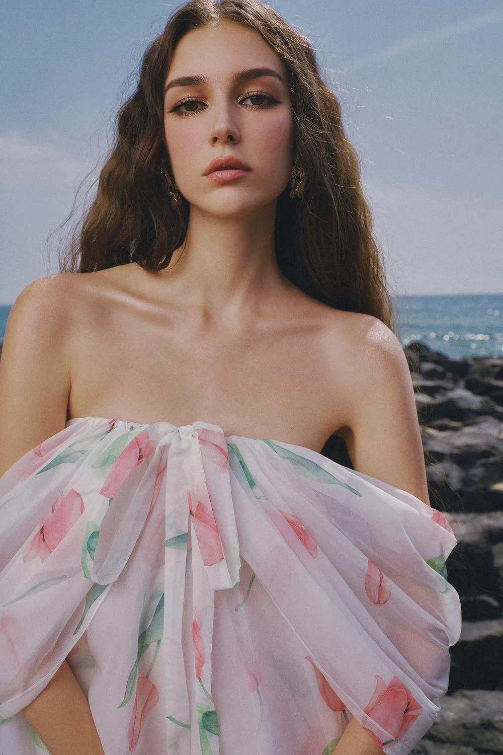 The Deer Layered Off-Shoulder Chiffon Ankle Length Dress