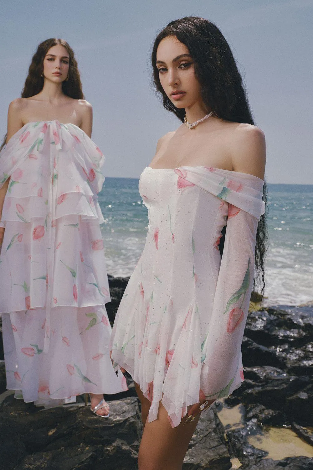 The Deer Layered Off-Shoulder Chiffon Ankle Length Dress