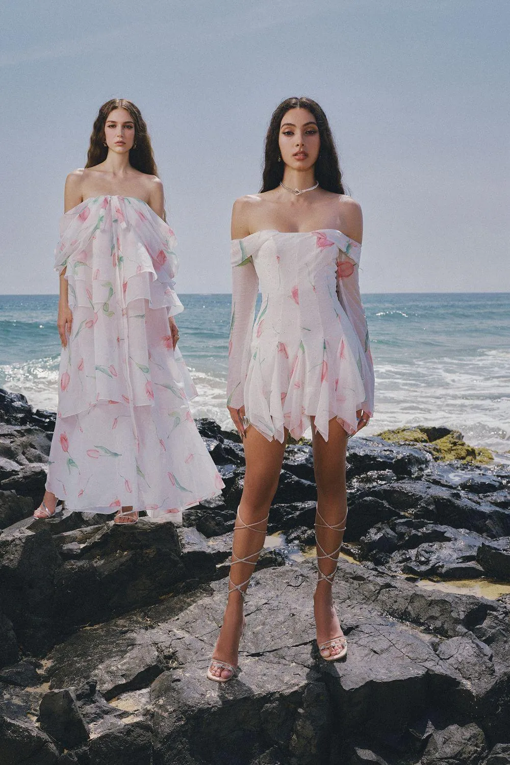 The Deer Layered Off-Shoulder Chiffon Ankle Length Dress