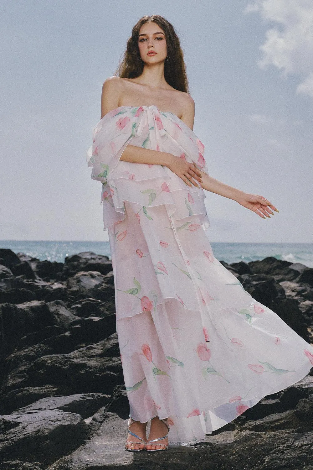 The Deer Layered Off-Shoulder Chiffon Ankle Length Dress