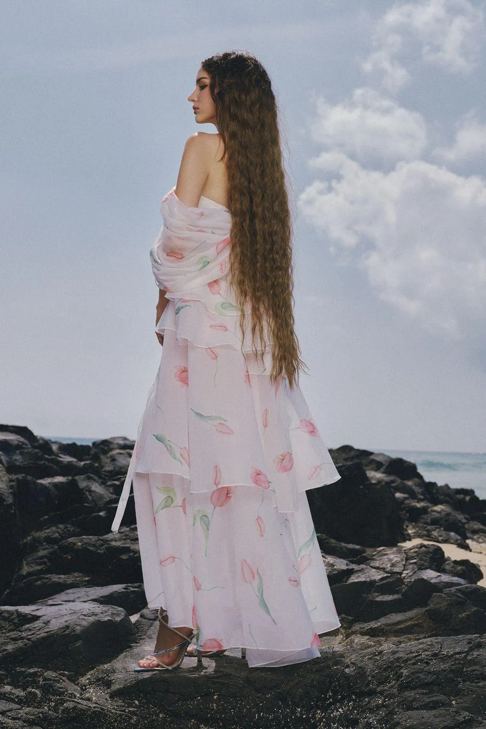 The Deer Layered Off-Shoulder Chiffon Ankle Length Dress