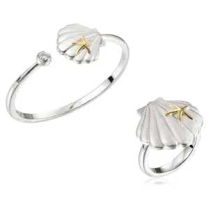 Two-Tone Sea Breeze Shell Bangle & Ring Set